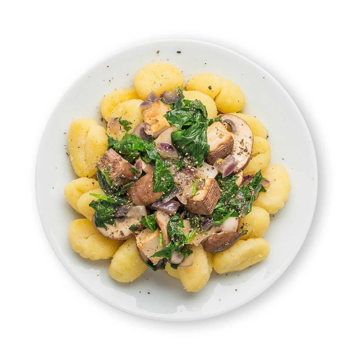 Gnocchi with Spinach Mushroom Sauce and Tofu by feastr