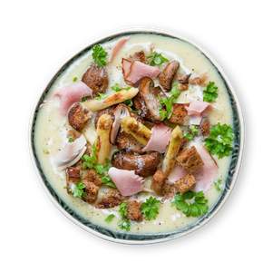 Asparagus Mushroom Soup with Garlic Croutons and Bacon