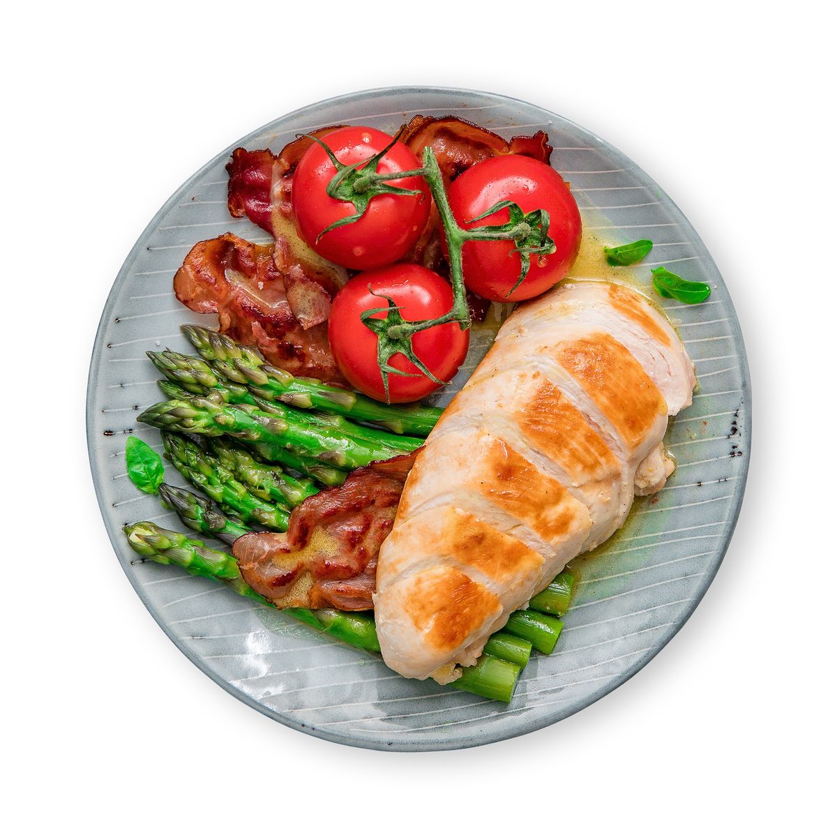 Crispy Chicken Asparagus Bowl with crispy bacon by feastr