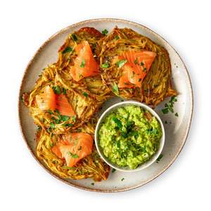 Potato Fritters with Guacamole and Smoked Salmon