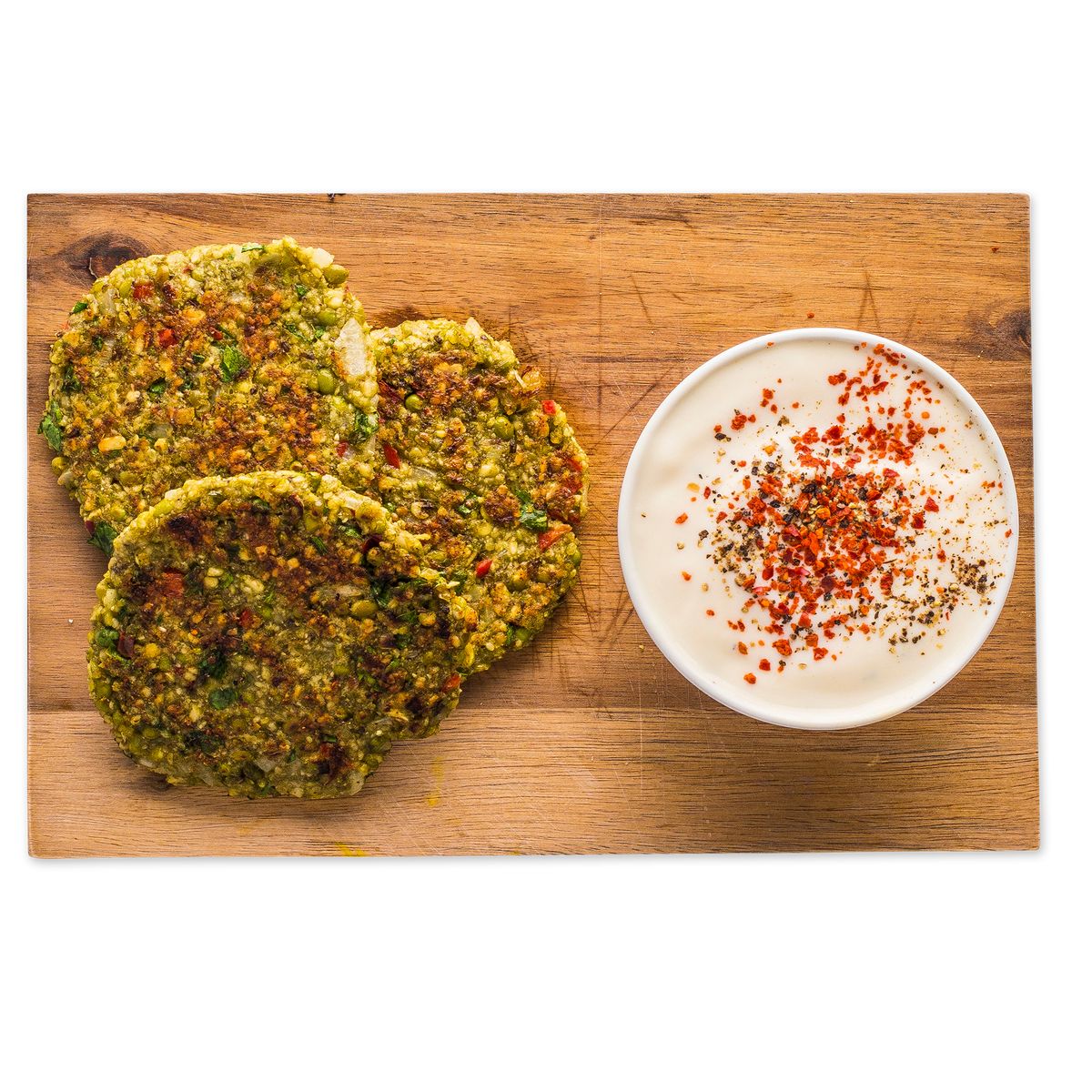 Pea and Corn Fritters with herb dip by feastr