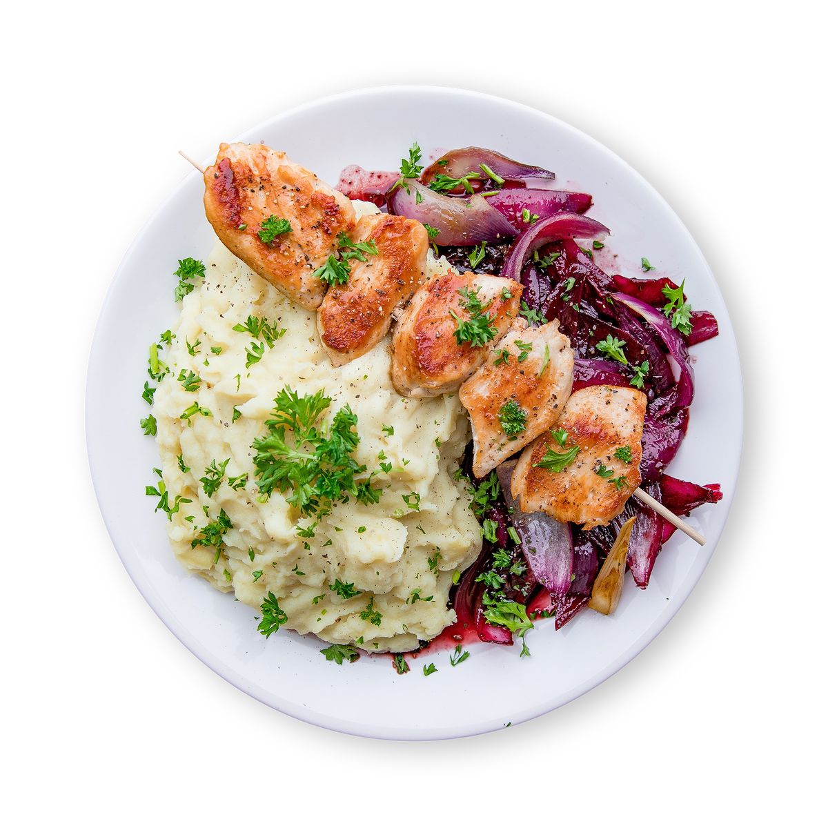 Mashed Potatoes with Juicy Chicken Skewers by feastr