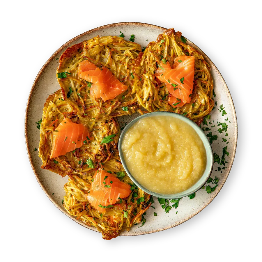 Kartoffelrösti mit Apfelmark und Räucherlachs