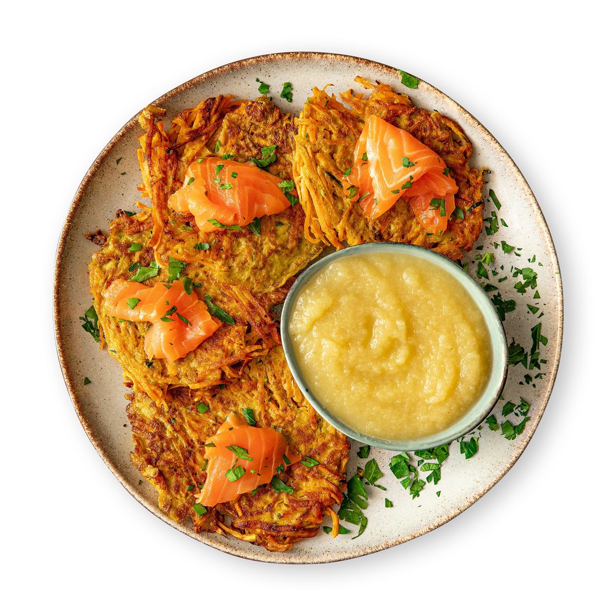 Sweet Potato Fritters with Apple Sauce and Smoked Salmon by feastr