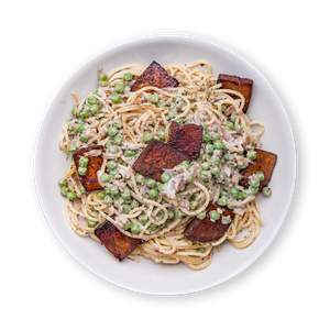 Cremige Spaghetti mit Erbsen und Tofu