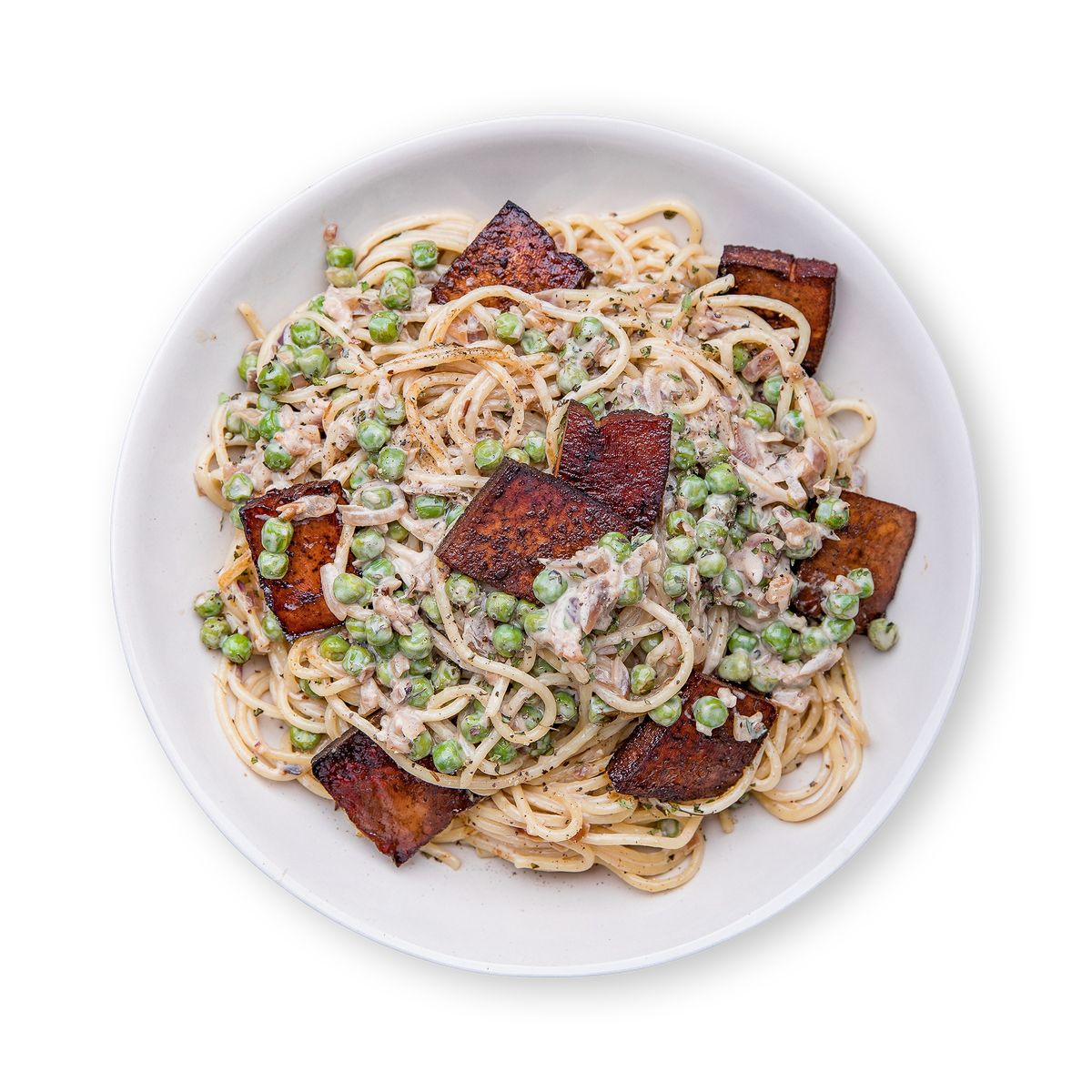 Creamy Spaghetti with Tofu and Peas by feastr