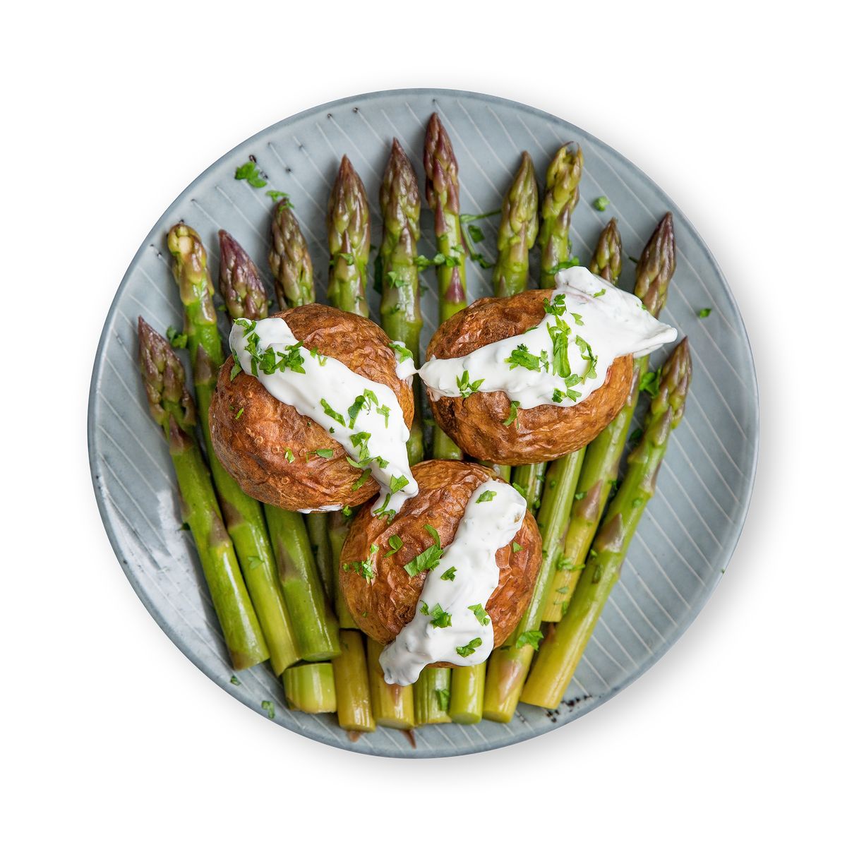 Baked Potato with Green Asparagus and Herb Dip by feastr