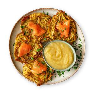 Potato Fritters with Applesauce and smoked salmon