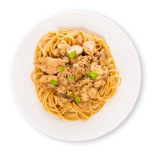 Pilz No-Chicken-Geschnetzeltes mit Spaghetti