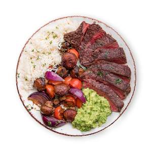 Steak with Oven Roasted Veggies on a Bed of Rice