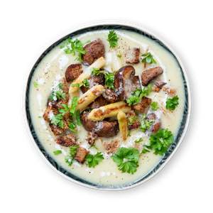 Asparagus Mushroom Soup with Garlic Croutons