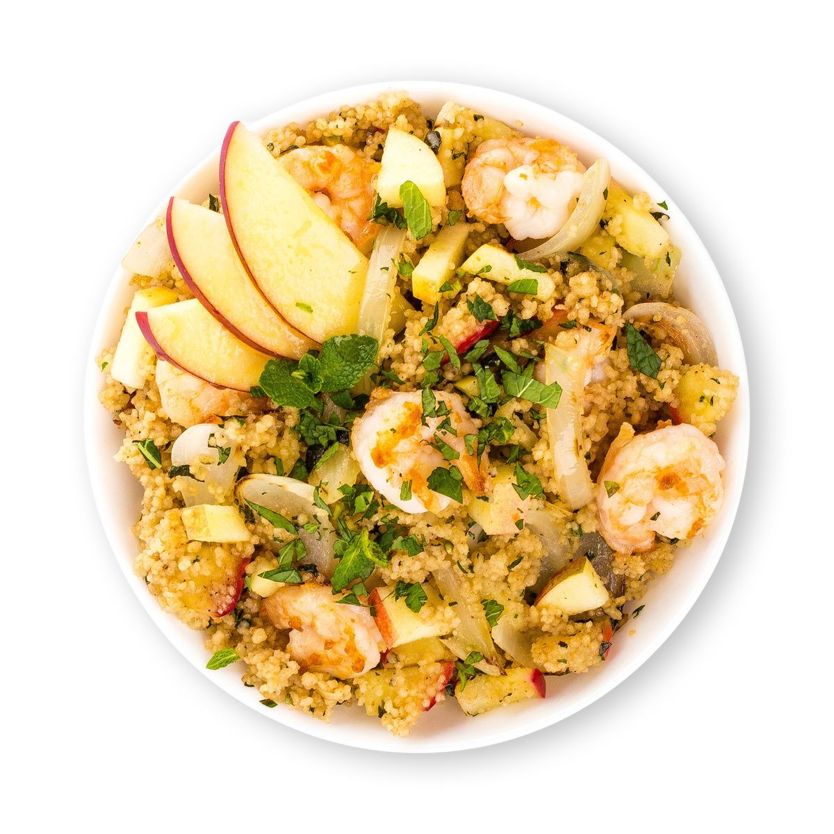 Apfel Zwiebel Couscous mit Garnelen