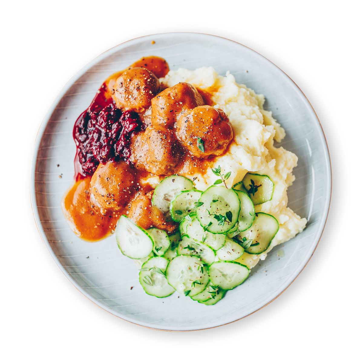 Juicy Meatballs with Mashed Potatoes and Cucumber Salad by feastr
