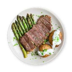 Steak mit grünem Spargel und Ofenkartoffel