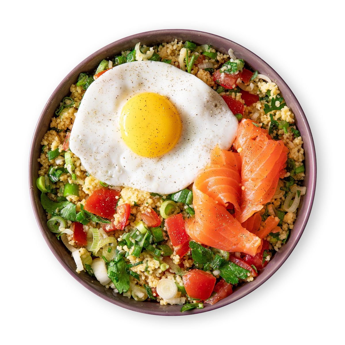 Fresh Couscous Salad with Salmon and Fried Egg by feastr