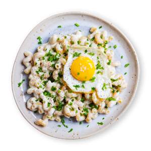 Mac and Cheese with fried eggs