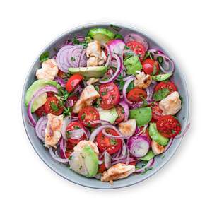 Tomato, Onion, Avocado Salad with chicken