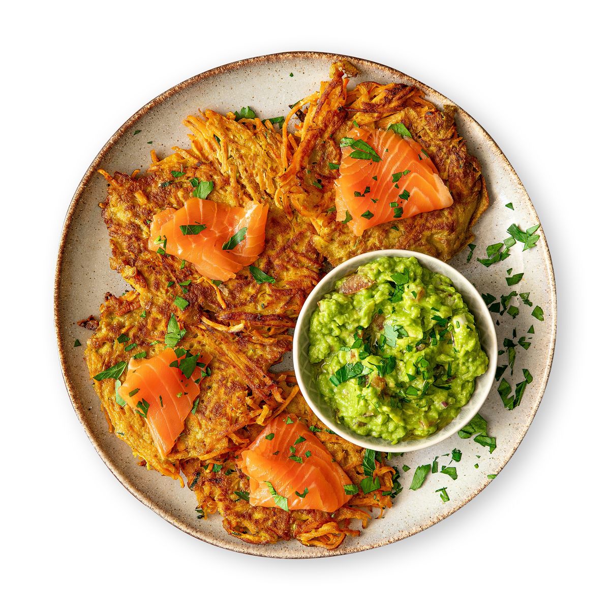 Sweet Potato Fritters with Guacamole and smoked salmon by feastr