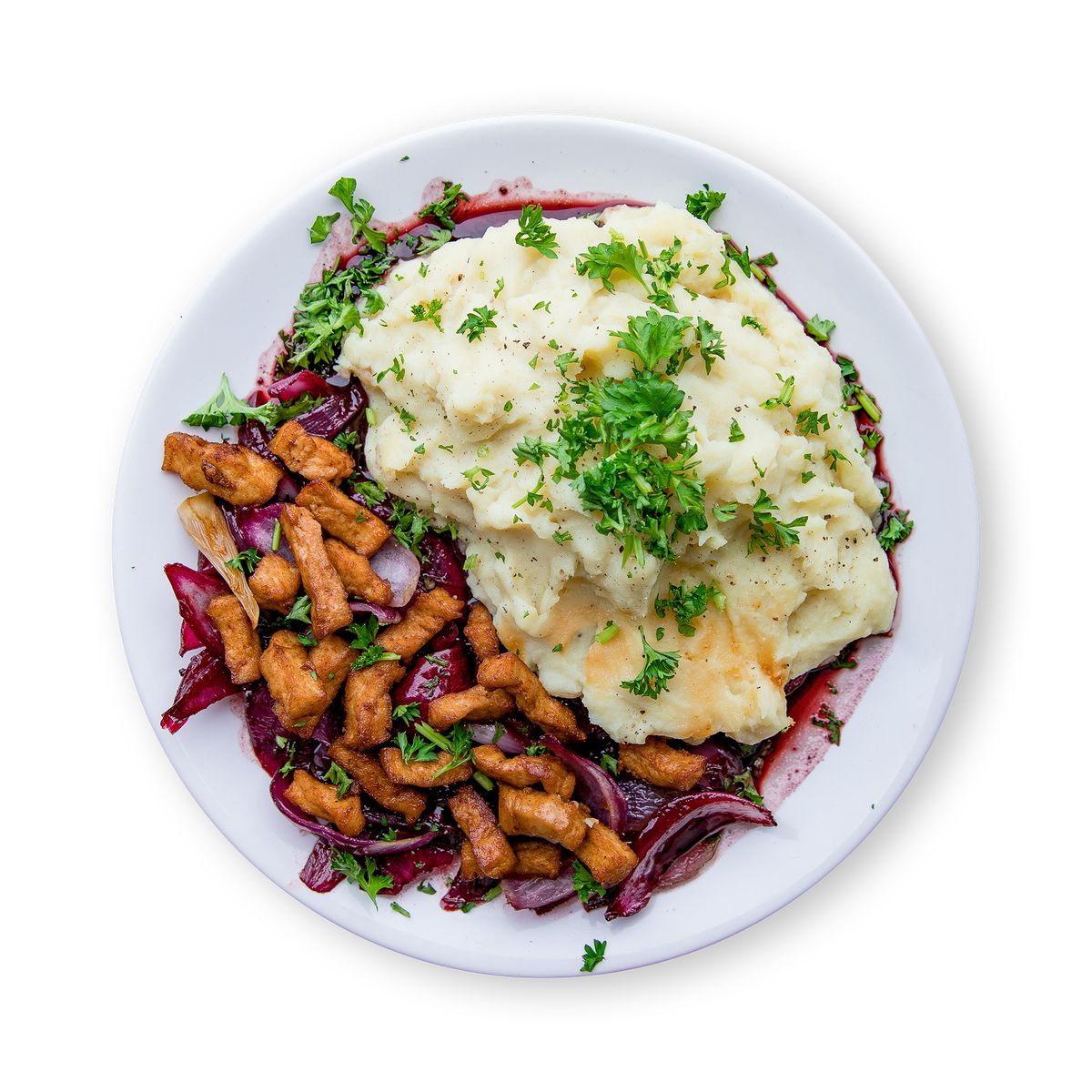 Mashed Potatoes with Crispy Vegan Meat Strips by feastr