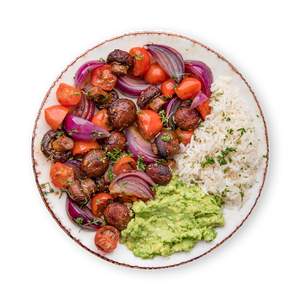 Oven Baked Veggies with Guacamole on a Bed of Rice