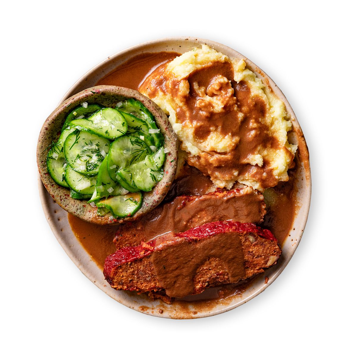 Juicy Walnut-Meatloaf with Mashed Potatoes and Cucumber Salad by feastr