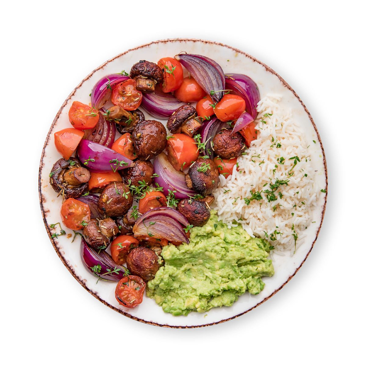 Oven Baked Veggies with Guacamole on a Bed of Rice by feastr